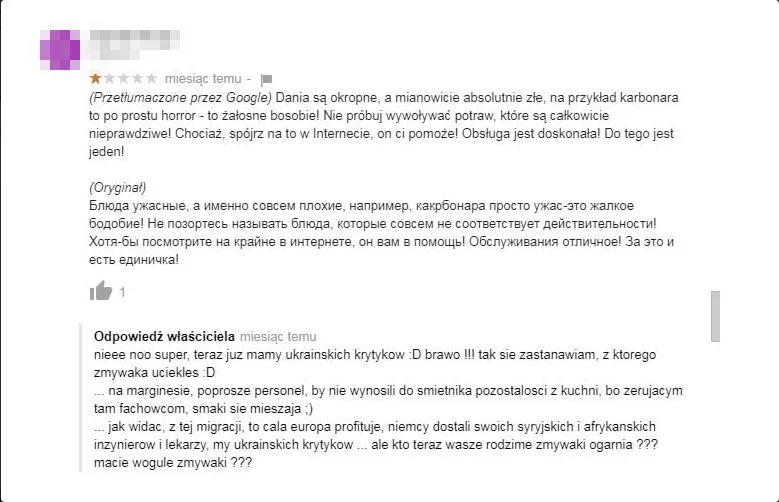 Odpowiedź na komentarz jednego z zagranicznych gości Restauracji PIU'.