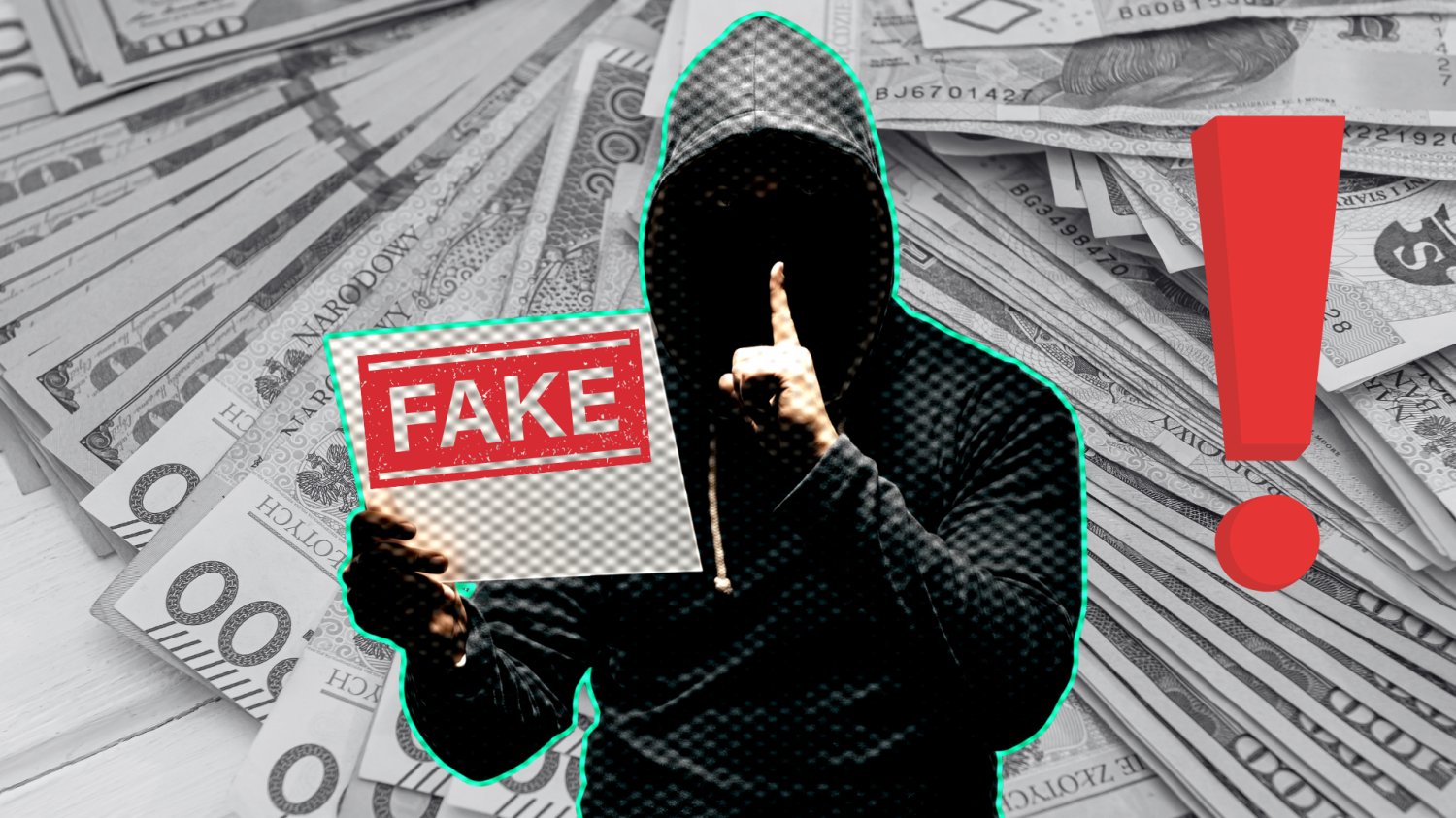 Haker z teczką oznaczoną jako "FAKE" z palcem przy ustach na tle banknotów 100 i 200-złotowych.