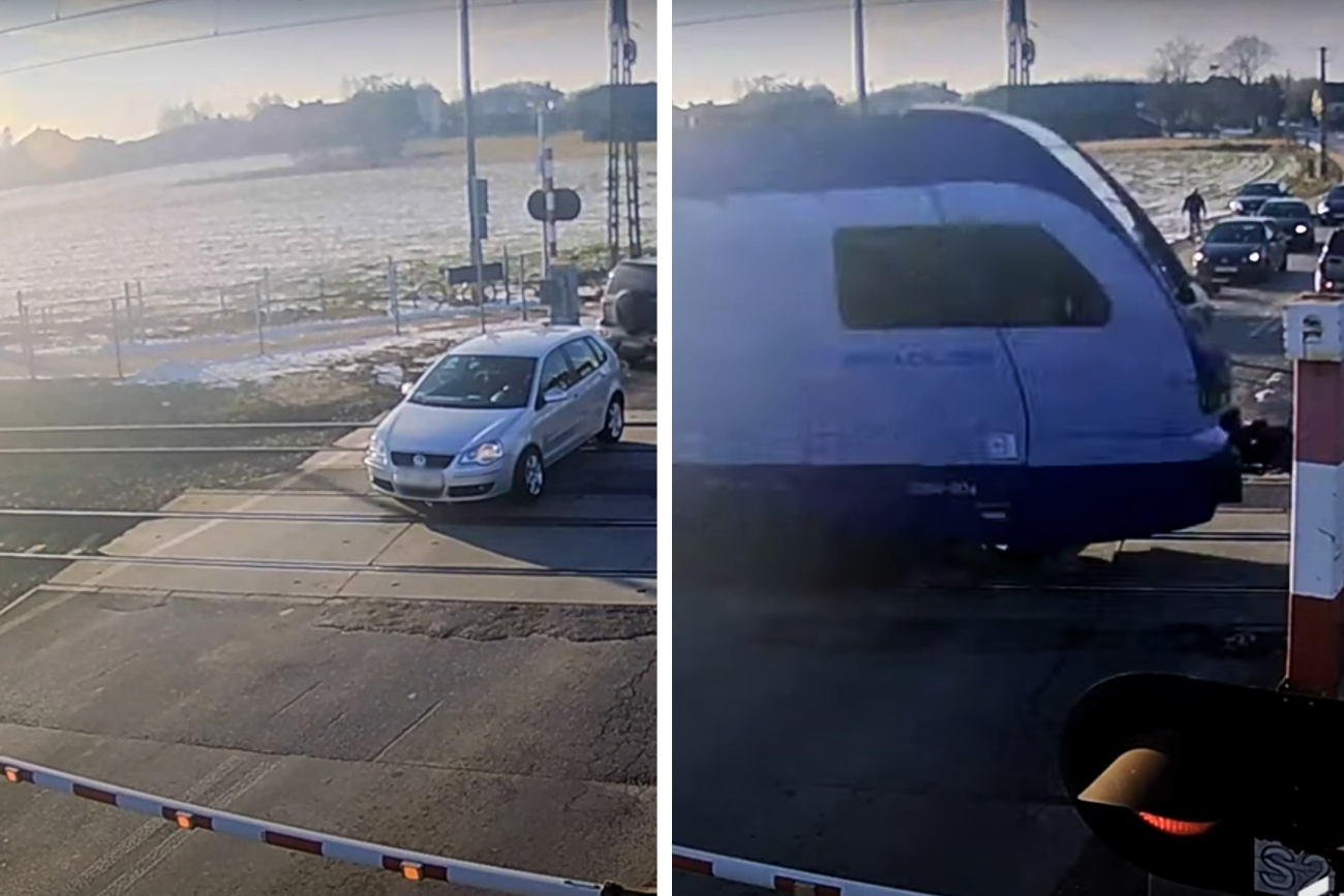 Stara Wieś: auto stanęło na torach. Kadry z wideo PKP
