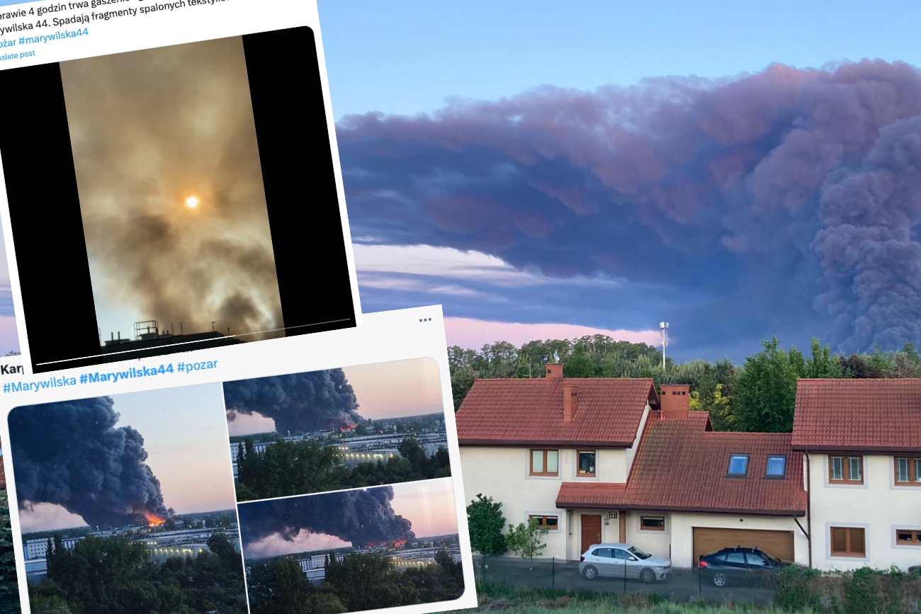 Pożar w centrum handlowym Marywilska 44 w Warszawie. Gęsty dym nad stolicą