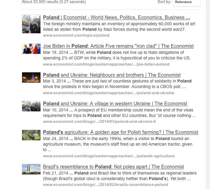 Oto wiadomości, które pojawiają się na Economist po wpisaniu hasła "Poland"