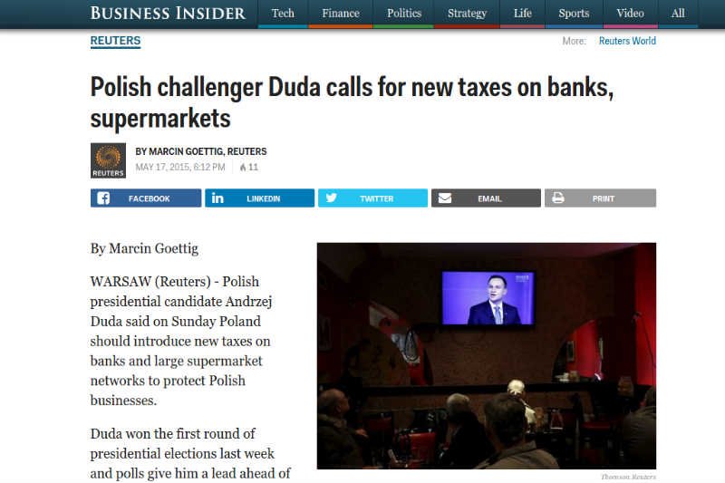 Zachodnie agencje informują o planach nałożenia podatków na banki i supermarkety, które zgłaszał w debacie prezydenckiej Andrzej Duda.