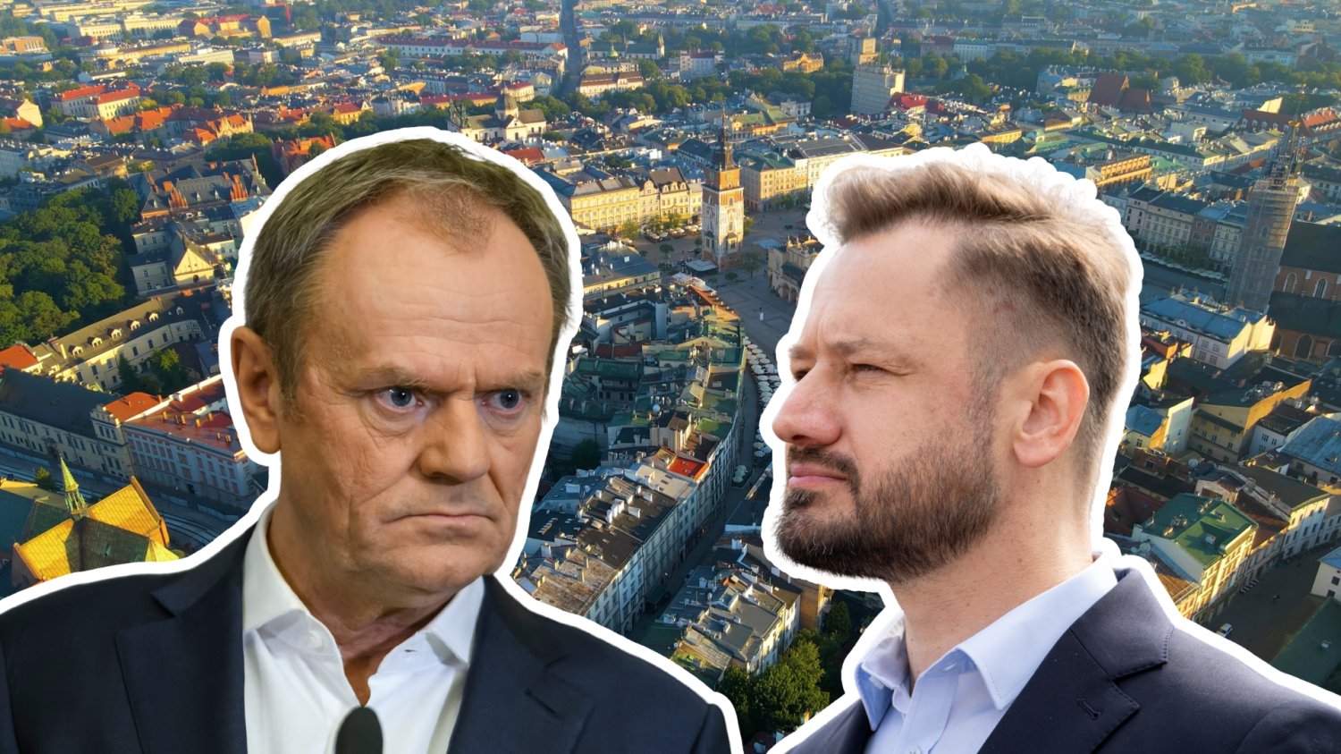 Donald Tusk uznał, że w Krakowie konieczny jest restart. Aleksander Miszalski skomentował decyzję premiera Donald Tusk i Aleksander Miszalski, w tle Kraków z lotu ptaka