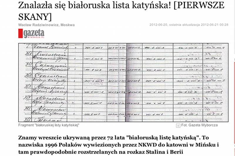 "Gazeta Wyborcza" dotarła do "białoruskiej listy katyńskiej"