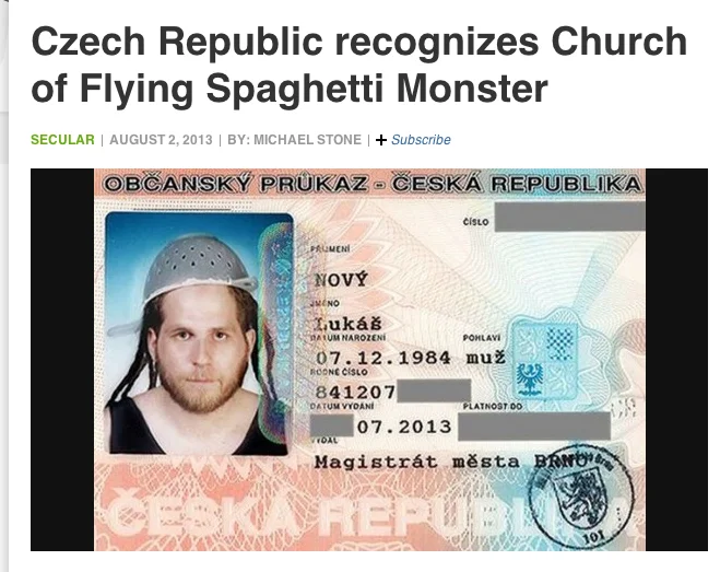Czesi uznali Kościół Latającego Potwora Spaghetti. Zdjęcie dowodu Lukasa Novy