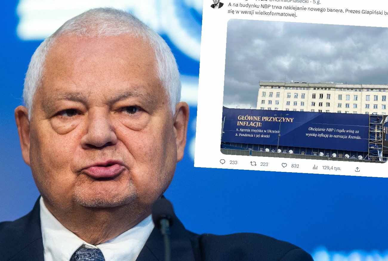 Adam Glapiński broni się przed krytyką. Kuriozalny napis na budynku NBP.