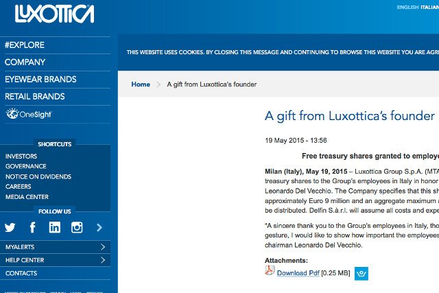 O hojnym geście szefa Grupa Luxottica poinformowała w oficjalnym komunikacie