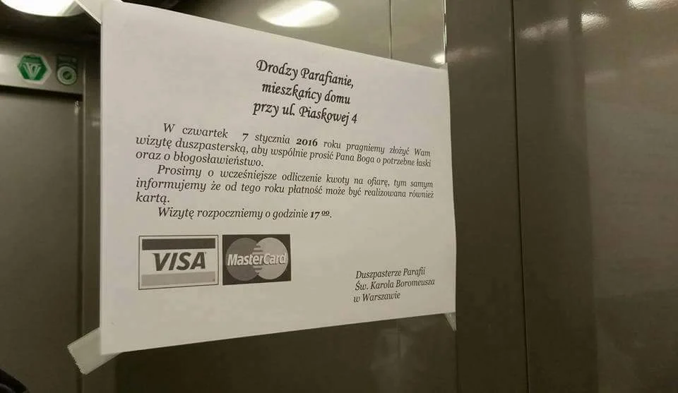 Ogłoszenie parafialne z warszawskiej windy.