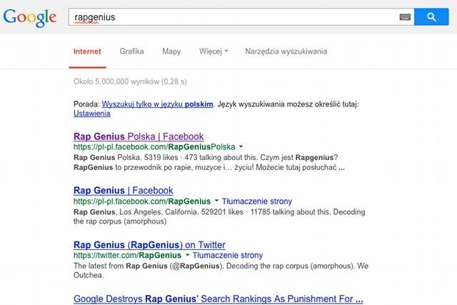 Adres rapgenius.com zniknął z pierwszych stron wyszukiwarki Google