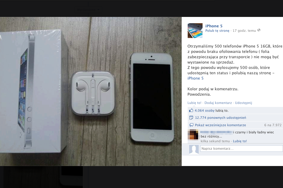 Na "konkurs" z darmowym iPhonem 5 nabrało się tysiące użytkowników Facebooka.