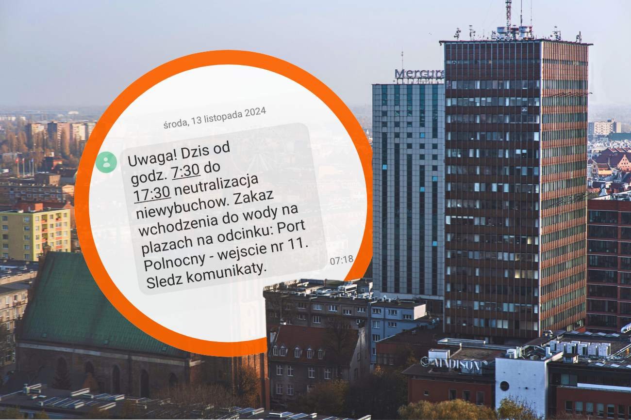 Mieszkańcy Gdańska otrzymują komunikaty RCB zakazujące wchodzenia do wody Widok na miasto Gdańsk, gdzie obowiązuje teraz alert RCB. W okręgu treść alertu.