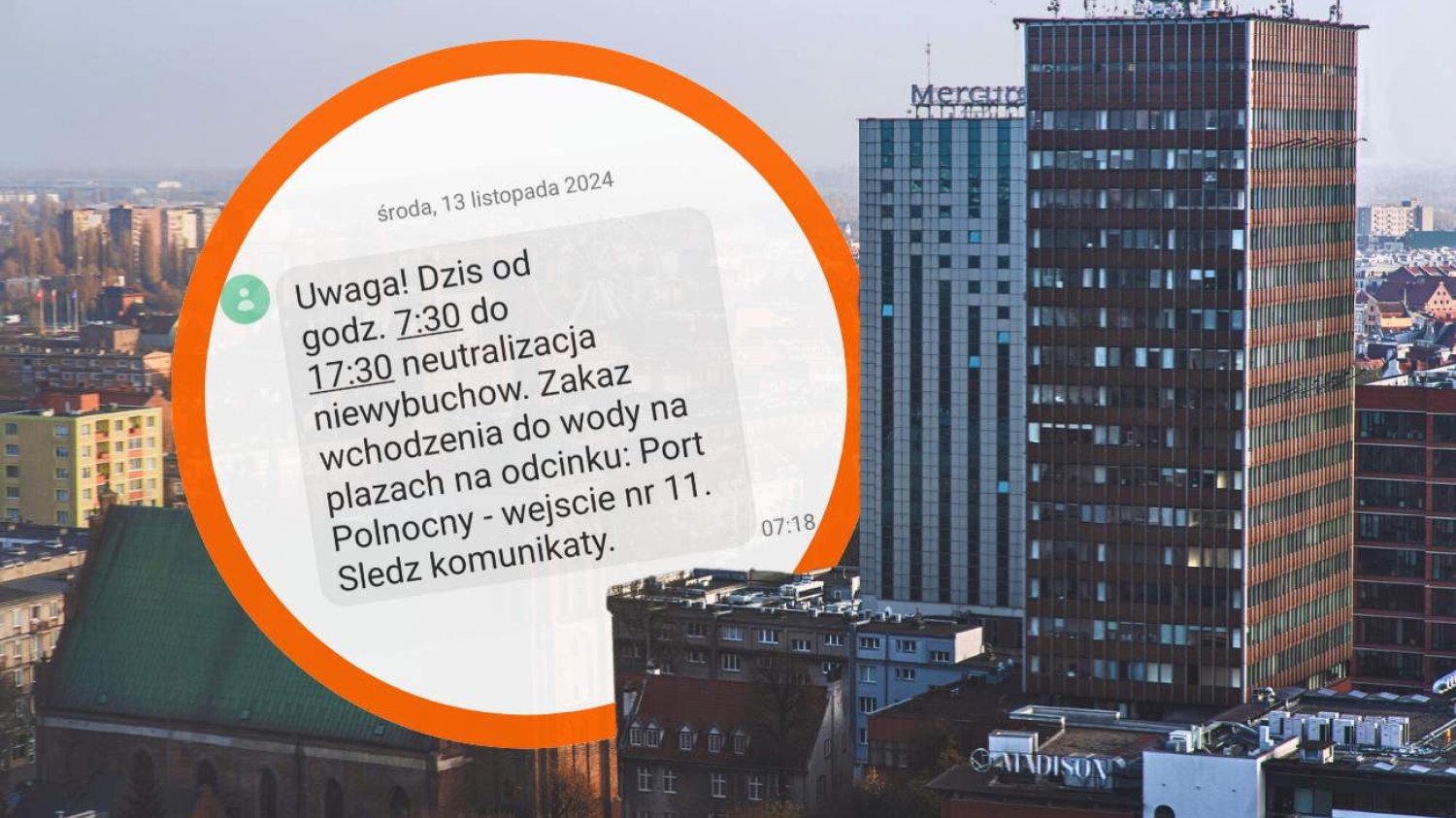 Widok na miasto Gdańsk, gdzie obowiązuje teraz alert RCB. W okręgu treść alertu.
