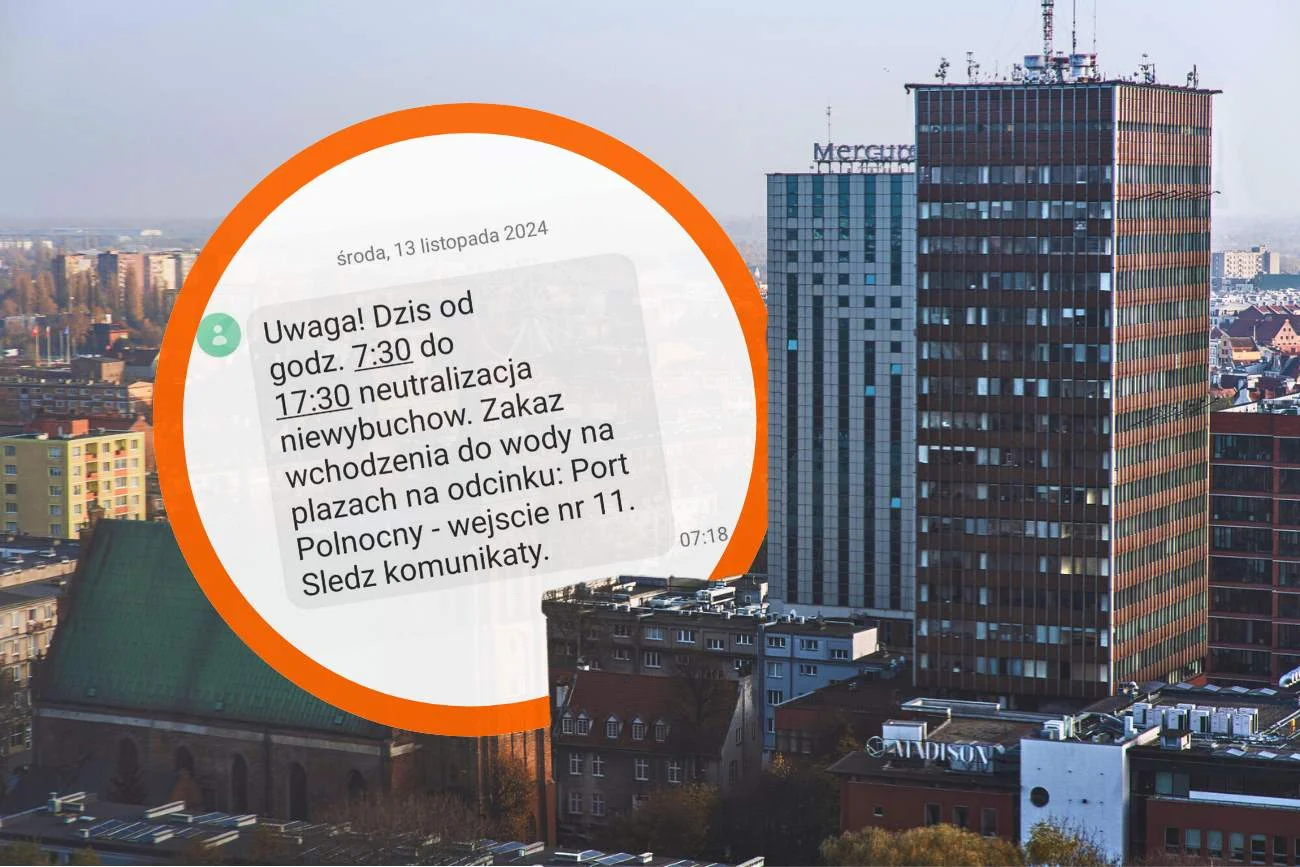 Mieszkańcy Gdańska otrzymują komunikaty RCB zakazujące wchodzenia do wody Widok na miasto Gdańsk, gdzie obowiązuje teraz alert RCB. W okręgu treść alertu.