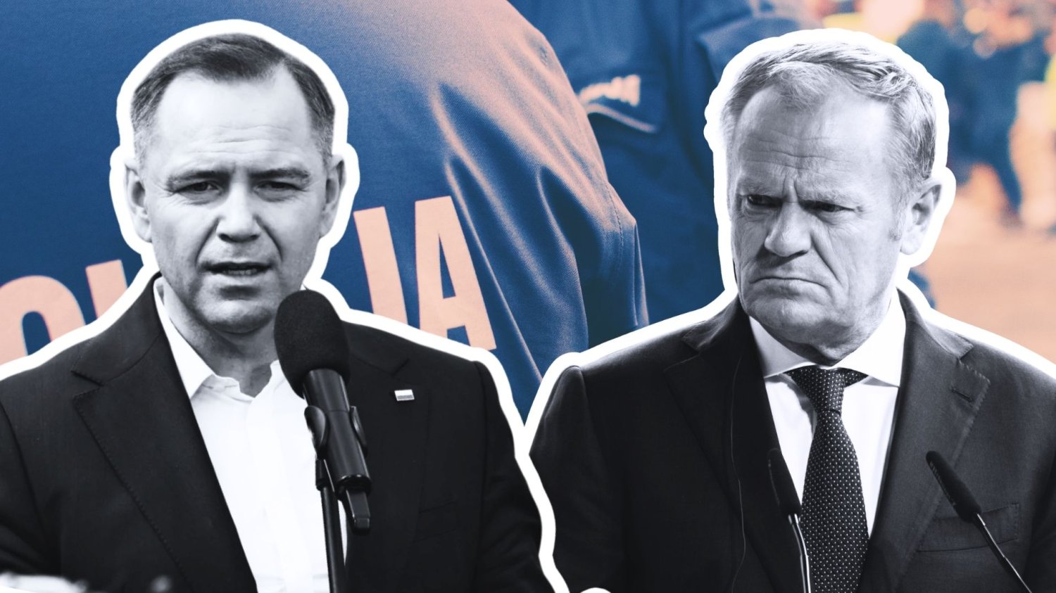 Prezydent Karol Nawrocki i premier Donald Tusk Karol Nawrocki i Donald Tusk, w tle zdjęcie policjantów