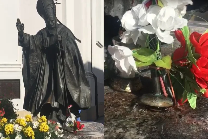 Z pomnika Jana Pawła II leje się woda. To "cudowny" efekt remontu
