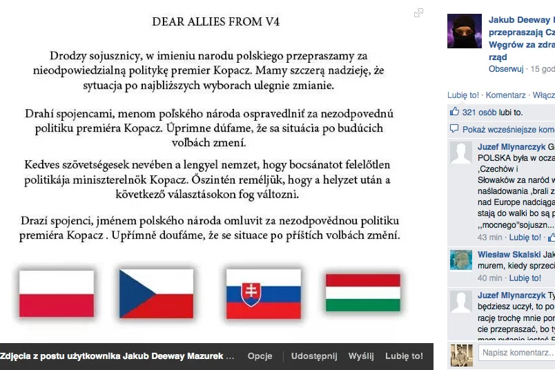 Internauci przepraszają członków Grupy Wyszehradzkiej za „zdradę, której dokonał polski rząd”