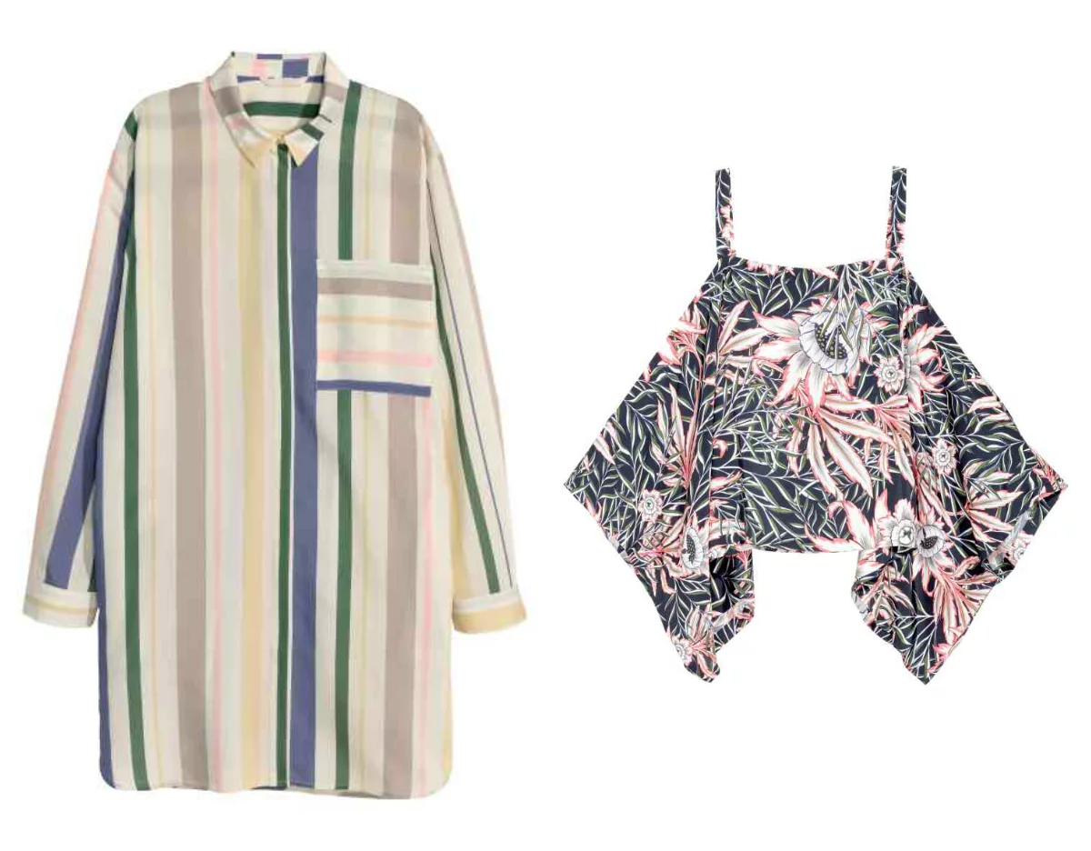 Długa koszula w pasy - H&M trend 149, 90 zł, wzorzysty top z odkrytymi ramionami - H&M trend 139,90 zł