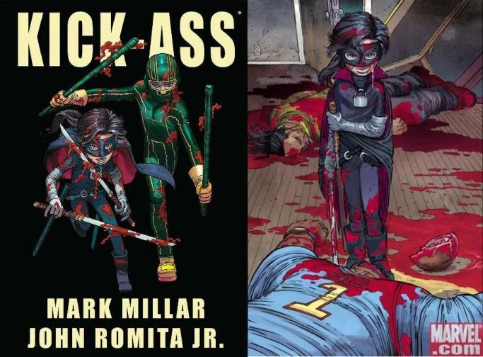 Okładka polskiego wydania "Kick-Assa" oraz kadr z oryginalnego wydania przedstawiający Hit-Girl.
