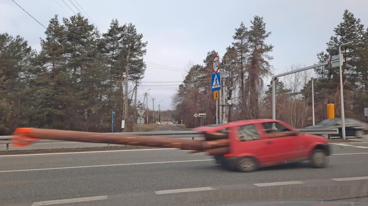 Kiierowca wiózł cinquecento długie bale drewna.