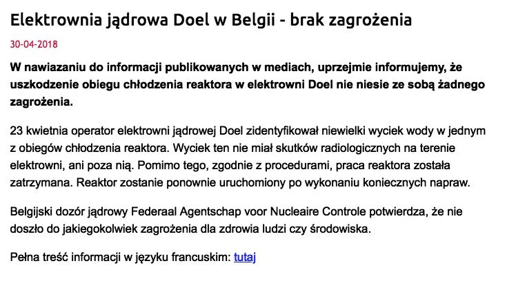 Państwowa Agencja Atomistyki uspokaja, że po wybuchu w elektrowni jądrowej w belgijskim Doel nie ma żadnego zagrożenia.
