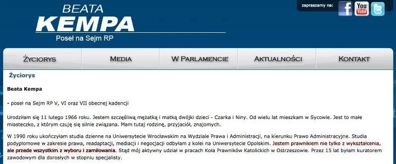 W życiorysie na swojej stronie internetowej Beata Kempa uparcie określa siebie mianem prawnika.