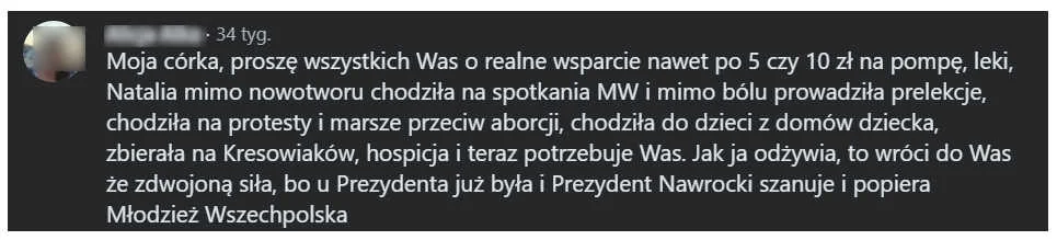 Komentarz matki Natalii na profilu Młodzieży Wszechpolskiej