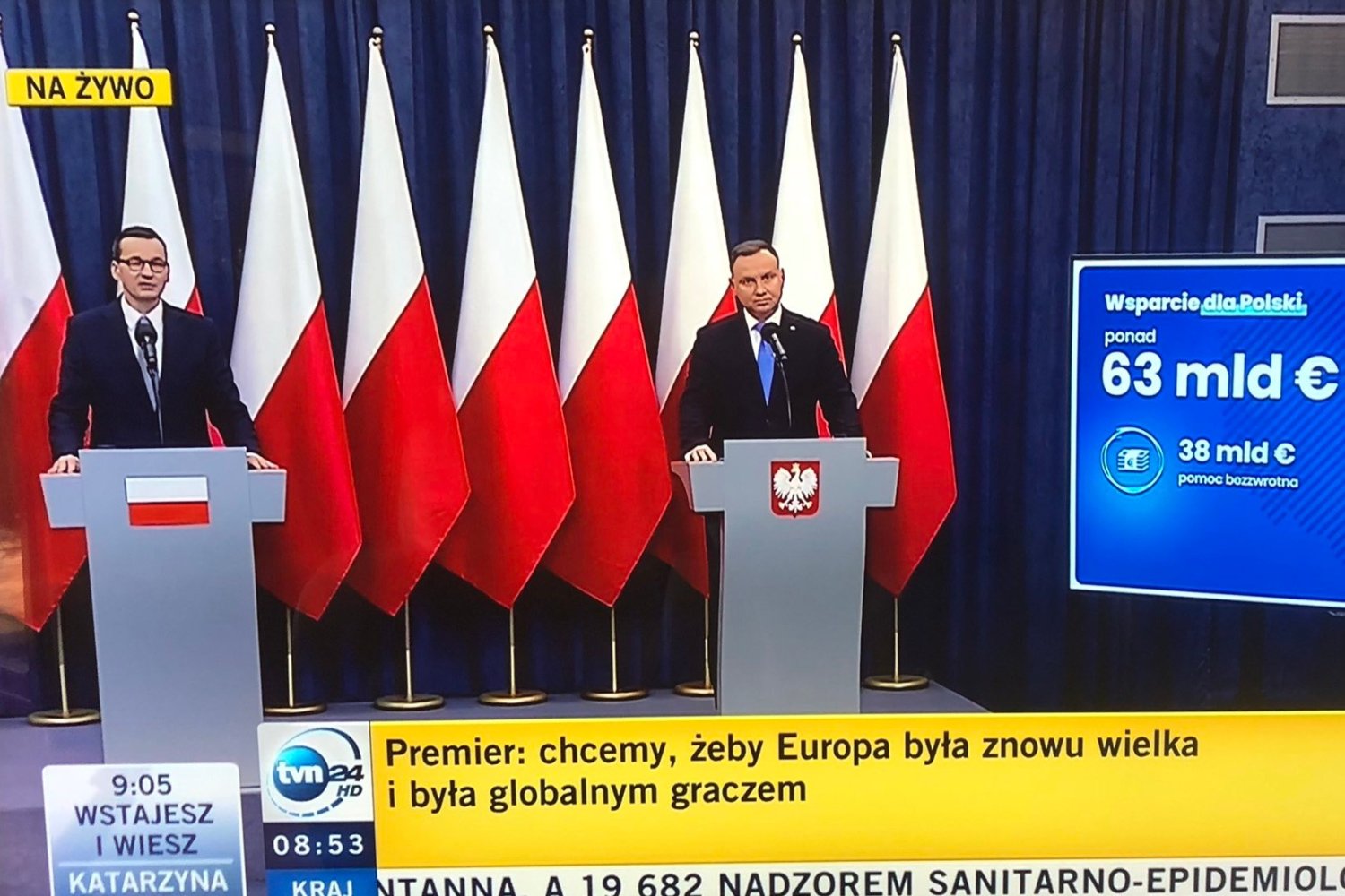 Premier Morawiecki podziękował Andrzejowi Dudzie za... efektywne działanie na rzecz Polski. W taki sposób skomentowal unijną pomoc w wysokości 63 mld zł.