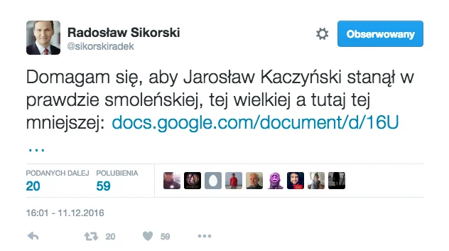 Radosław Sikorski poinformował o sprawie na Twitterze.