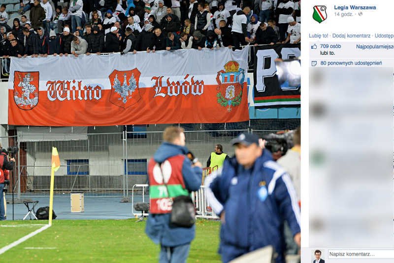Kibice Legii Warszawa podczas meczu w Kijowie wywiesili transparent z odwołaniem do polskiego Lwowa i Wilna