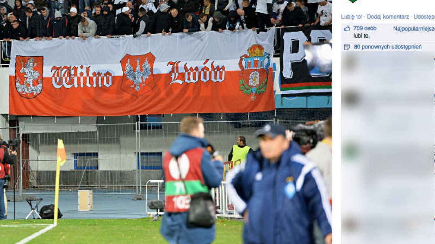Kibice Legii Warszawa podczas meczu w Kijowie wywiesili transparent z odwołaniem do polskiego Lwowa i Wilna