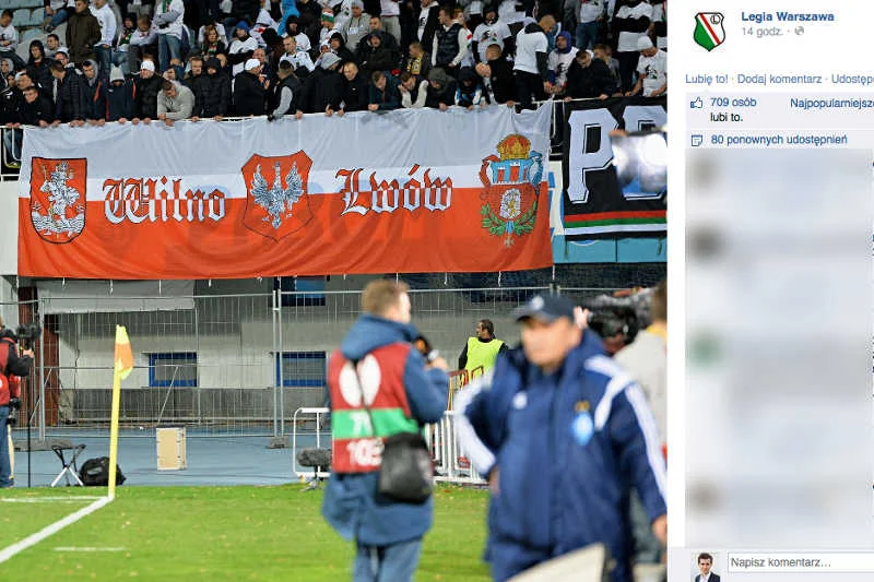 Kibice Legii Warszawa podczas meczu w Kijowie wywiesili transparent z odwołaniem do polskiego Lwowa i Wilna