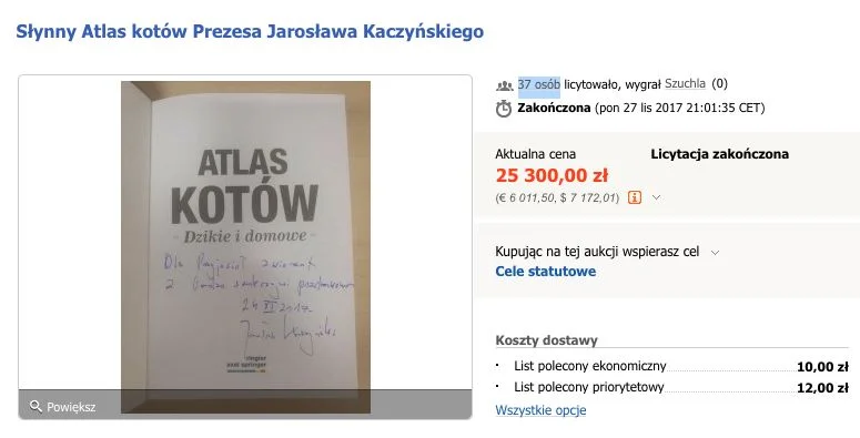 Egzemplarz "Atlasu kotów" należący do Jarosława Kaczyńskiego został wylicytowany na Allegro za 25 300 zł.