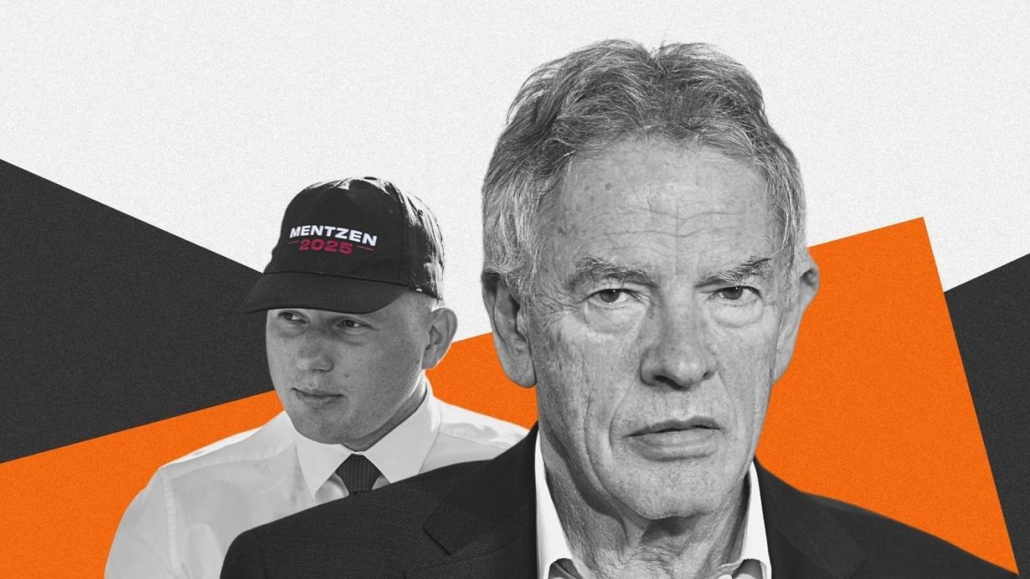 Grafika. Na pierwszym planie prof. Dariusz Rosati. Za nim Sławomir Mentzen w czapeczce z daszkiem z napisem "Mentzen 2025.