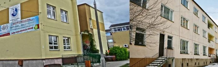Po lewej, budynek dziś. Po prawej, opuszczony akademik Zespołu Szkół Budowlanych.