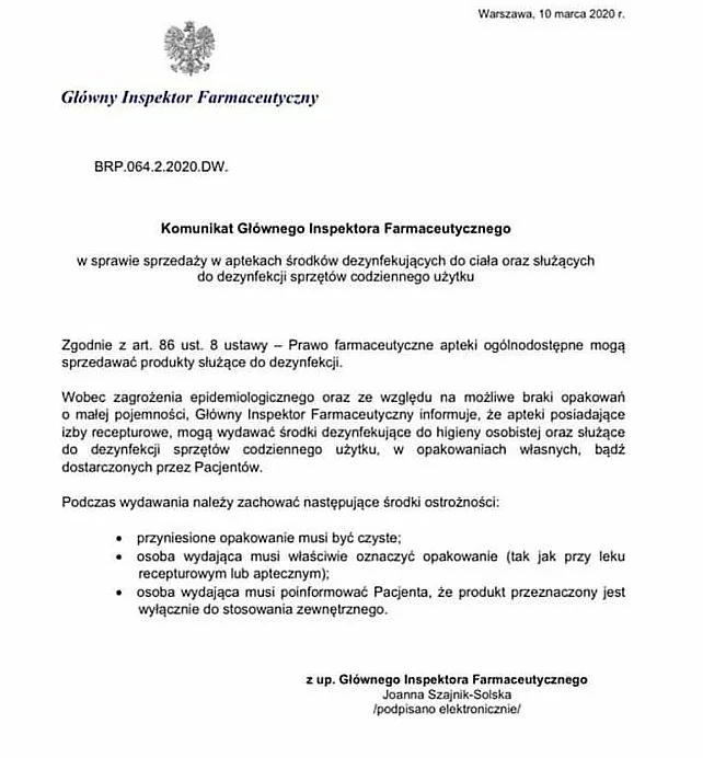 Główny Inspektor Farmaceutyczny (GIF) wydał decyzję, na mocy której w wybranych aptekach na terenie Polski klienci będą mogli uzupełniać środki dezynfekujące po przyniesieniu własnych opakowań zastępczych.