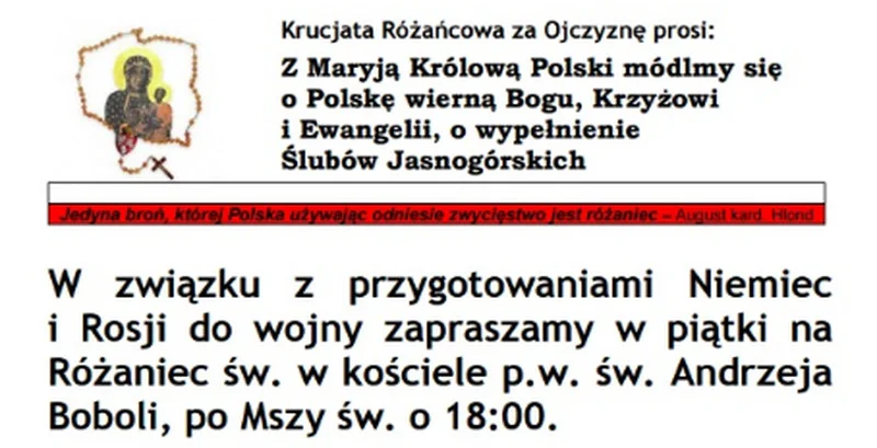 To ogłoszenie zawisło przed kościołem w Łomży. Proboszcz zapewnia, że miały to być modlitwy za Ojczyznę bez słów o "przygotowaniach do wojny"