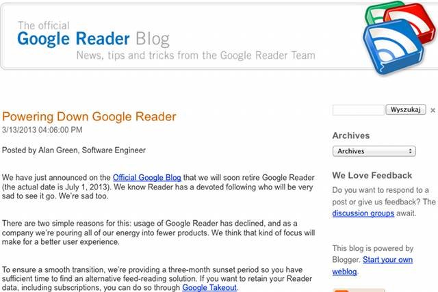 Google Reader zostanie zamknięty 1 lipca 2013 roku. Wcześniej odbędzie się premiera Digg Readera
