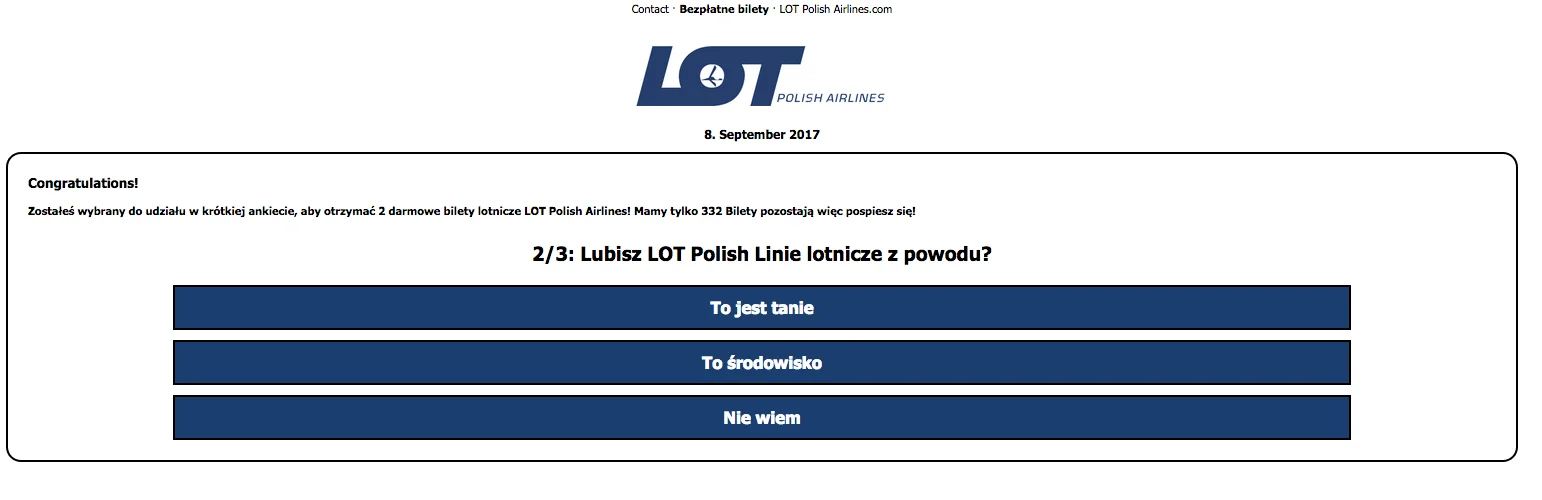 Fragment fałszywej strony internetowej LOT-u