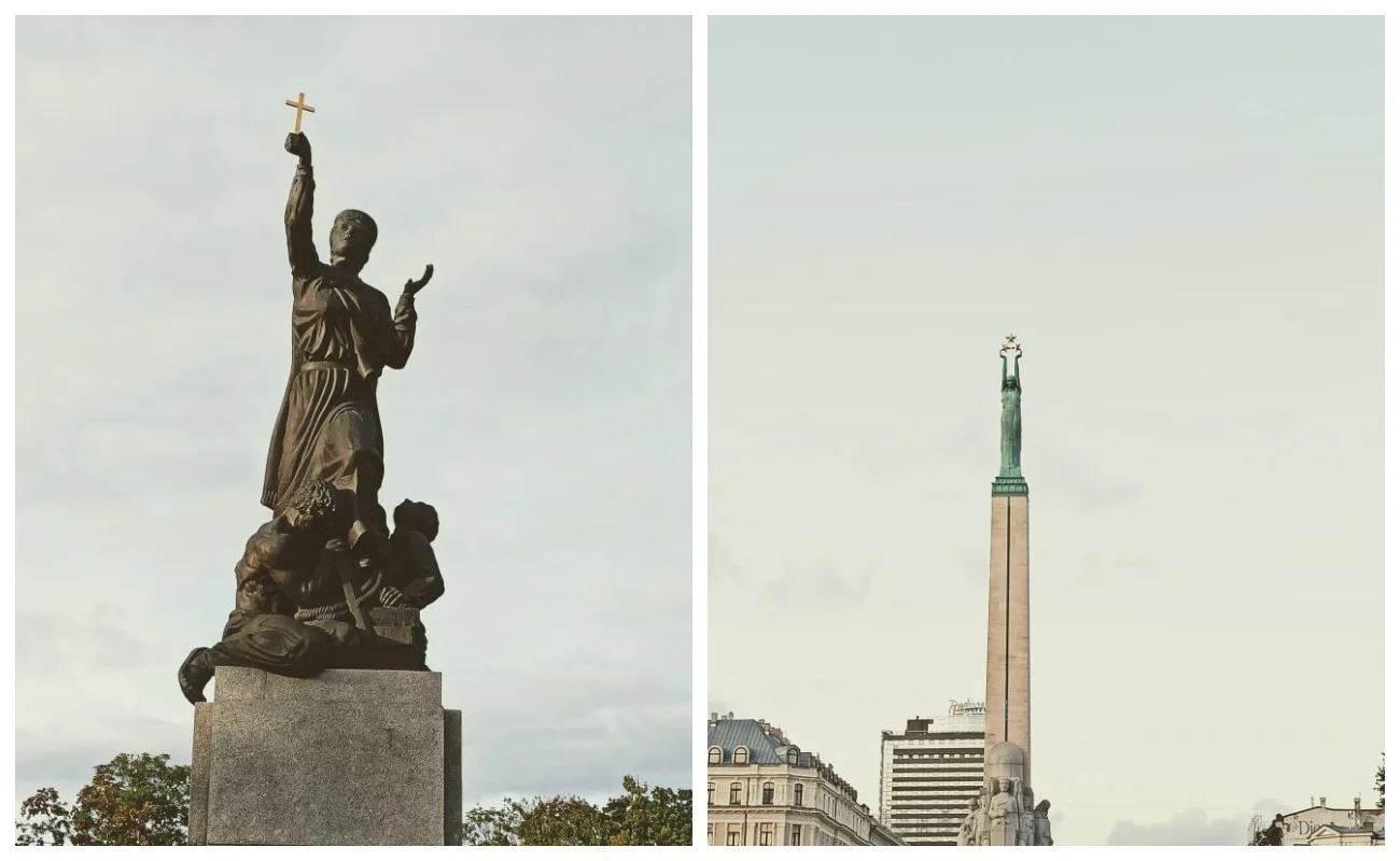 Po lewej: Pomnik Latgales Mara z 1939 roku w Rzeżycy. Spiżowa statua upamiętnia wyzwolenie Łatgalii od bolszewików w styczniu 1920 roku. Centralna postać, kobieta, to "Mara" – od starożytnej bogini macierzyństwa i płodności. Uzupełnieniem tej pogańskiej s