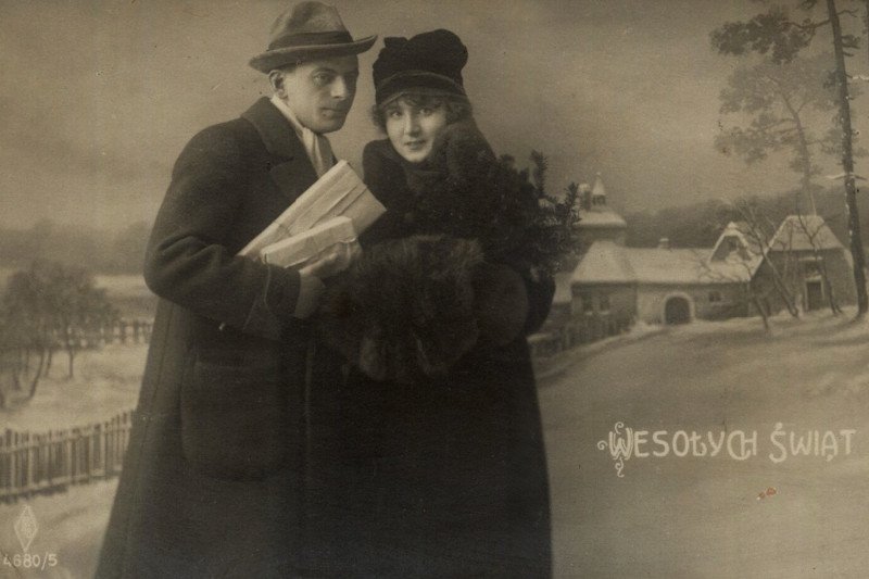 Para na tle zimowego pejzażu, [1910-1930].