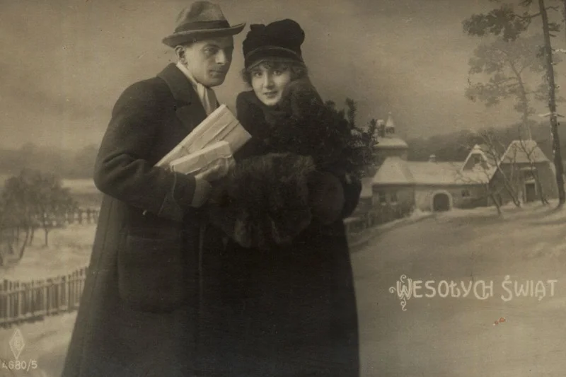 Para na tle zimowego pejzażu, [1910-1930].