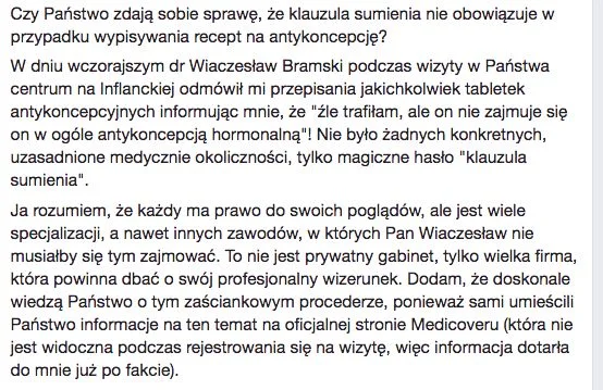 Anna wizytę u jednego z lekarzy Medicover opisała na Facebooku