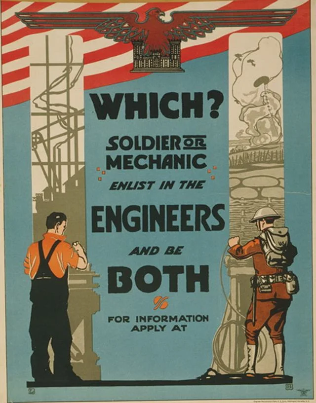 Rok 1919. Plakat rekrutacyjny amerykańskiej armii, zachęcający do zostania wojskowym inżynierem