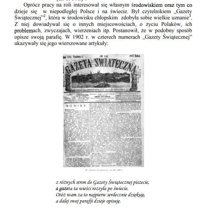 Screen ze strony biblioteki publicznej w Wróblewie, fragment pracy o Andrzeju Śnieguli.