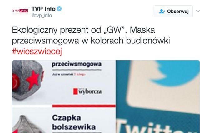 Nie, to nie jest ASZdziennik. Publiczna telewizja informacyjna naprawdę snuje rozważania o "bolszewickiej" kolorystyce masek antysmogowych.