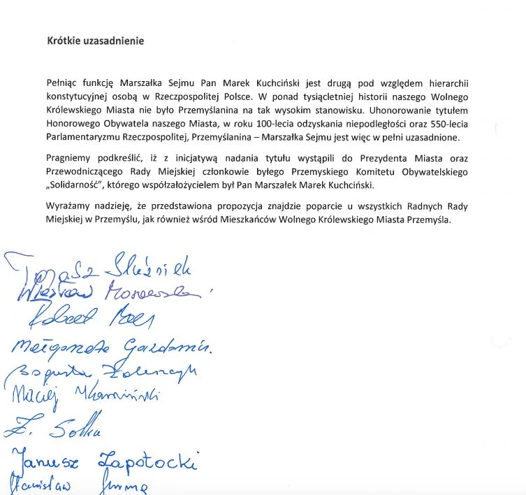 Uzasadnienie nadania tytułu Honorowego Obywatela Miasta.