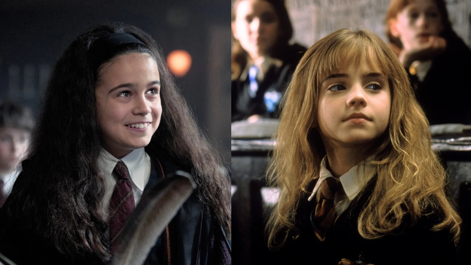 Arabella Stanton (po lewej) i Emma Watson (po prawej) w serialu i filmie "Harry Potter i Kamień Filozoficzny"