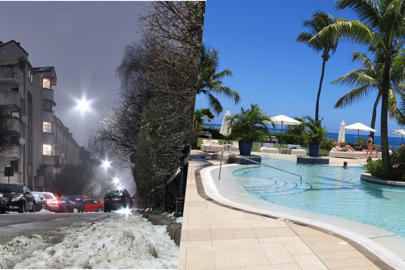 Szarobura zima w Polsce vs. rajskie wakacje na Mauritiusie.