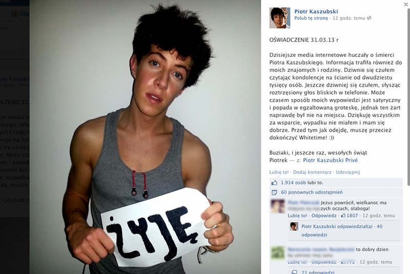 20-letni milioner Piotr Kaszubski nie żyje? To tylko niesmaczny żart – przekonuje sam zainteresowany.
