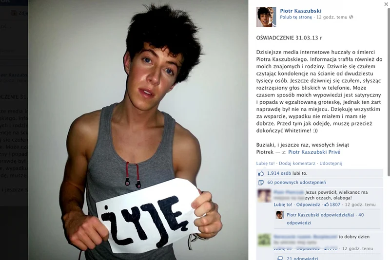 20-letni milioner Piotr Kaszubski nie żyje? To tylko niesmaczny żart – przekonuje sam zainteresowany.